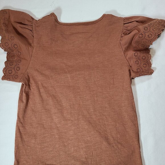 Lucky Brand Rust V-Neck Tie Waist Tee Eyelet Sleeves Size M 8-10 Boho Chic - Picture 2 of 4